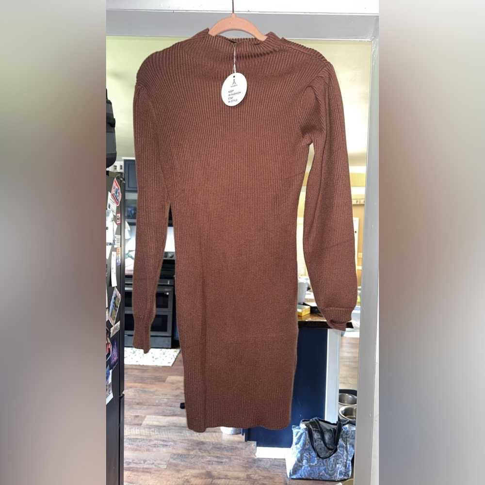 Ribbed Knit Brown Sweater Dress - Women's